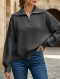 Retro loose collared zip-up pullover knit sweater