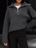 Retro loose collared zip-up pullover knit sweater