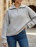 Retro loose collared zip-up pullover knit sweater