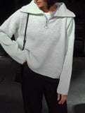 Retro loose collared zip-up pullover knit sweater