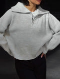 Retro loose collared zip-up pullover knit sweater