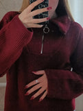 Retro loose collared zip-up pullover knit sweater
