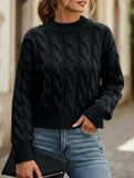 Solid color cable knit crew neck pullover sweater