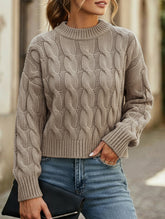 Solid color cable knit crew neck pullover sweater