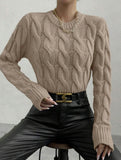 Solid color cable knit crew neck pullover sweater