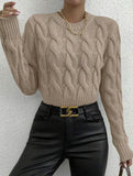 Solid color cable knit crew neck pullover sweater