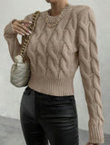 Solid color cable knit crew neck pullover sweater