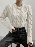 Solid color cable knit crew neck pullover sweater