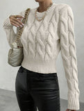 Solid color cable knit crew neck pullover sweater