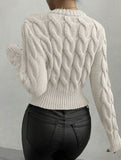 Solid color cable knit crew neck pullover sweater