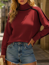 High-neck striped loose-fitting pullover sweater