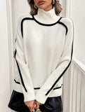 High-neck striped loose-fitting pullover sweater