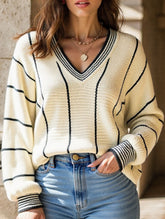 V-neck color-blocked striped pullover sweater
