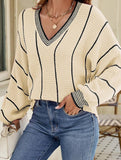 V-neck color-blocked striped pullover sweater