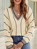 V-neck color-blocked striped pullover sweater