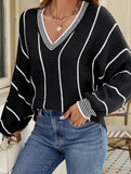 V-neck color-blocked striped pullover sweater