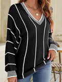 V-neck color-blocked striped pullover sweater