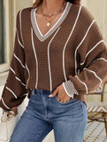 V-neck color-blocked striped pullover sweater
