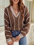 V-neck color-blocked striped pullover sweater