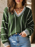 V-neck color-blocked striped pullover sweater