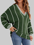V-neck color-blocked striped pullover sweater