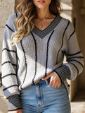 V-neck color-blocked striped pullover sweater