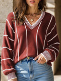 V-neck color-blocked striped pullover sweater