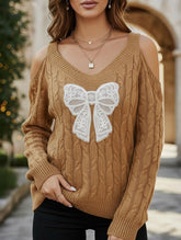 Deep V-neck lace embroidered bow sweater