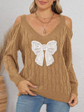 Deep V-neck lace embroidered bow sweater
