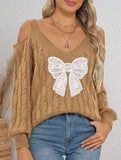 Deep V-neck lace embroidered bow sweater