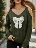 Deep V-neck lace embroidered bow sweater