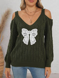 Deep V-neck lace embroidered bow sweater