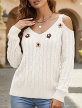 Deep V cable knit camisole off-shoulder sweater