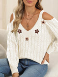 Deep V cable knit camisole off-shoulder sweater