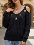 Deep V cable knit camisole off-shoulder sweater