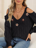 Deep V cable knit camisole off-shoulder sweater