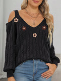 Deep V cable knit camisole off-shoulder sweater