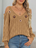Deep V cable knit camisole off-shoulder sweater