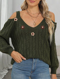 Deep V cable knit camisole off-shoulder sweater