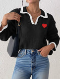 Collared color-blocked heart-patterned knit sweater