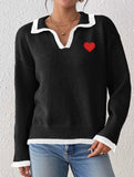 Collared color-blocked heart-patterned knit sweater