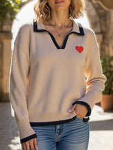 Collared color-blocked heart-patterned knit sweater