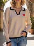 Collared color-blocked heart-patterned knit sweater