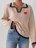 Collared color-blocked heart-patterned knit sweater