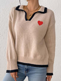Collared color-blocked heart-patterned knit sweater