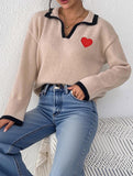 Collared color-blocked heart-patterned knit sweater