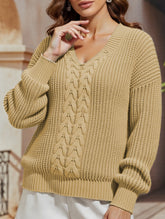 V-neck solid color cable knit casual knit sweater