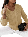 V-neck solid color cable knit casual knit sweater