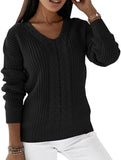 V-neck solid color cable knit casual knit sweater
