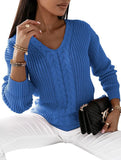 V-neck solid color cable knit casual knit sweater
